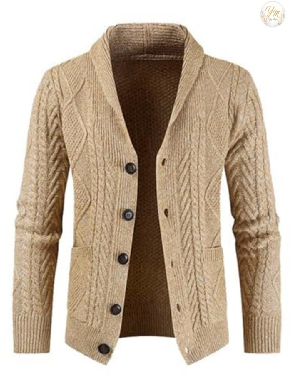 Mens Cable Knit Shawl Collar Cardigan Sweater with Pockets